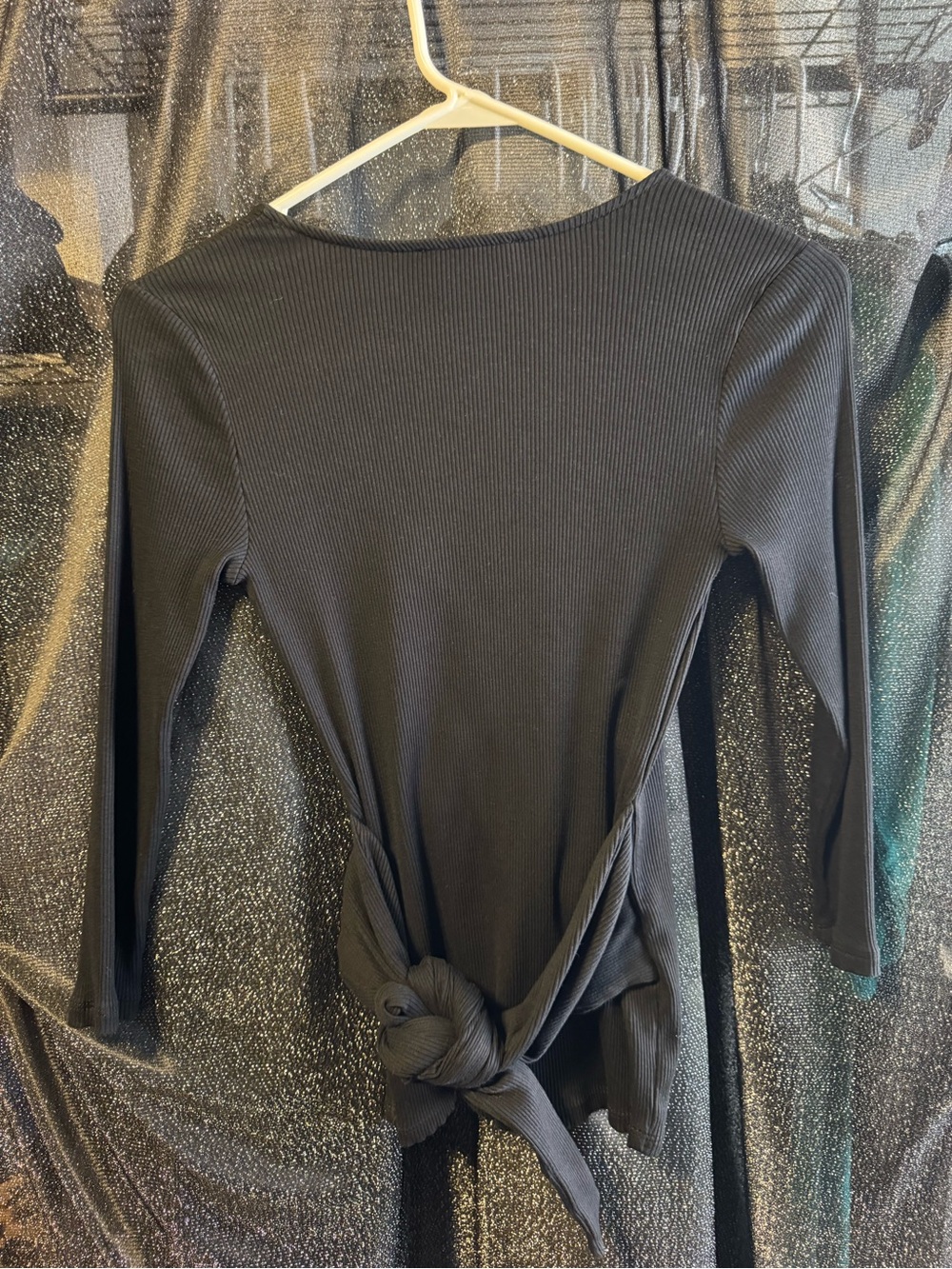 Express Black Ribbed Wrap Top - Picture 2 of 5